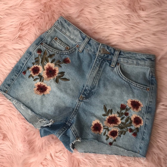floral embroidered denim shorts